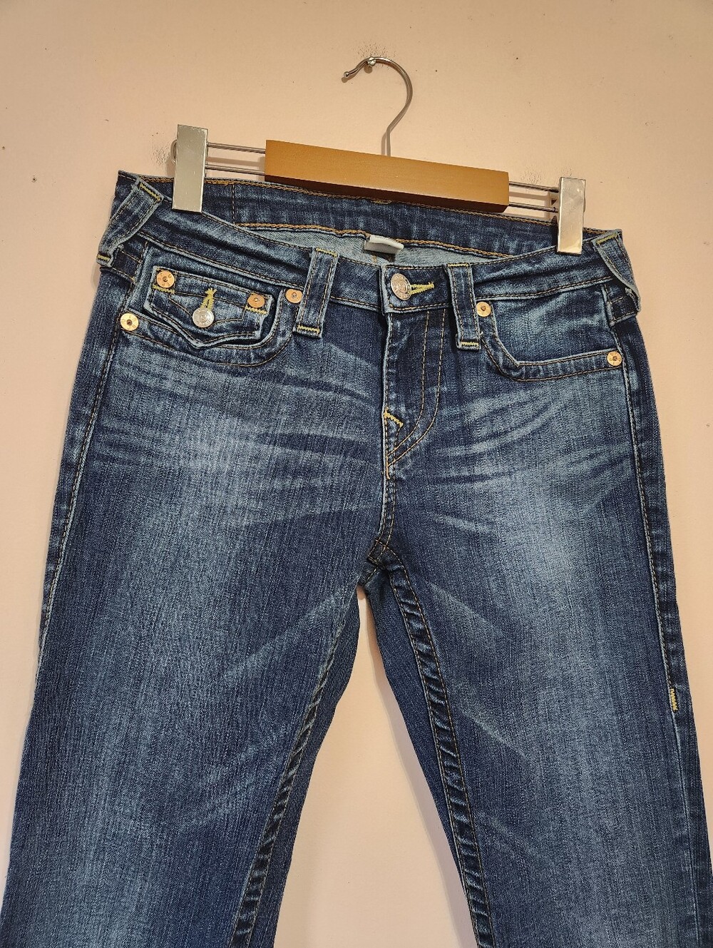 True Religion Slim Straight Flap Pocket Jeans Dark Wash Size 28 Contrast Stitch - Picture 2 of 9